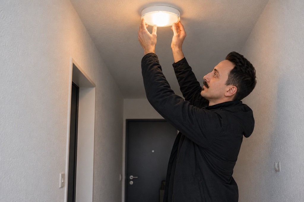 Marco Dittrich wechselt eine Deckenlampe im Treppenhaus – Kleinreparaturen im Hauswartabo